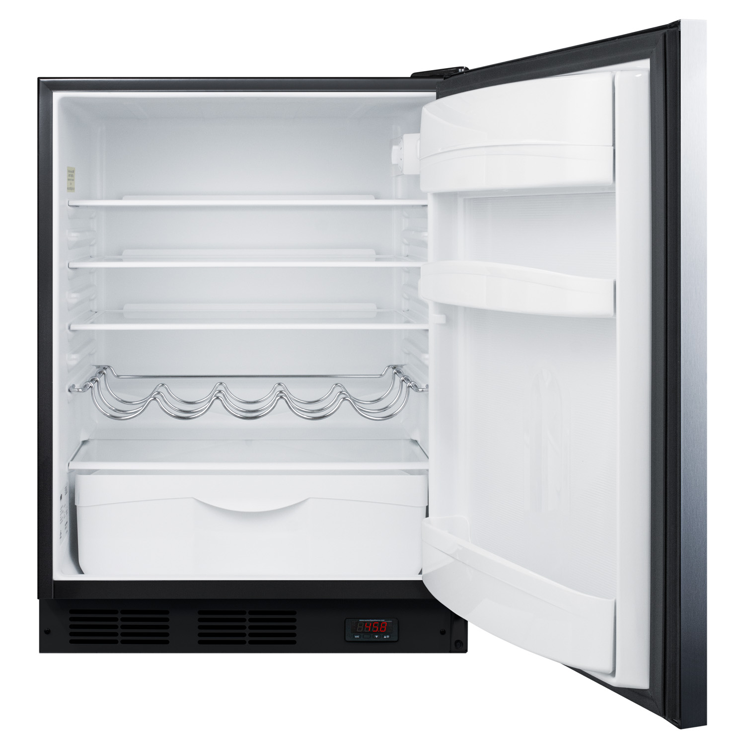 Built-in undercounter ADA compliant craft beer Pub Cellar with black cabinet, stainless steel door, horizontal handle, digital thermostat, and deluxe interior